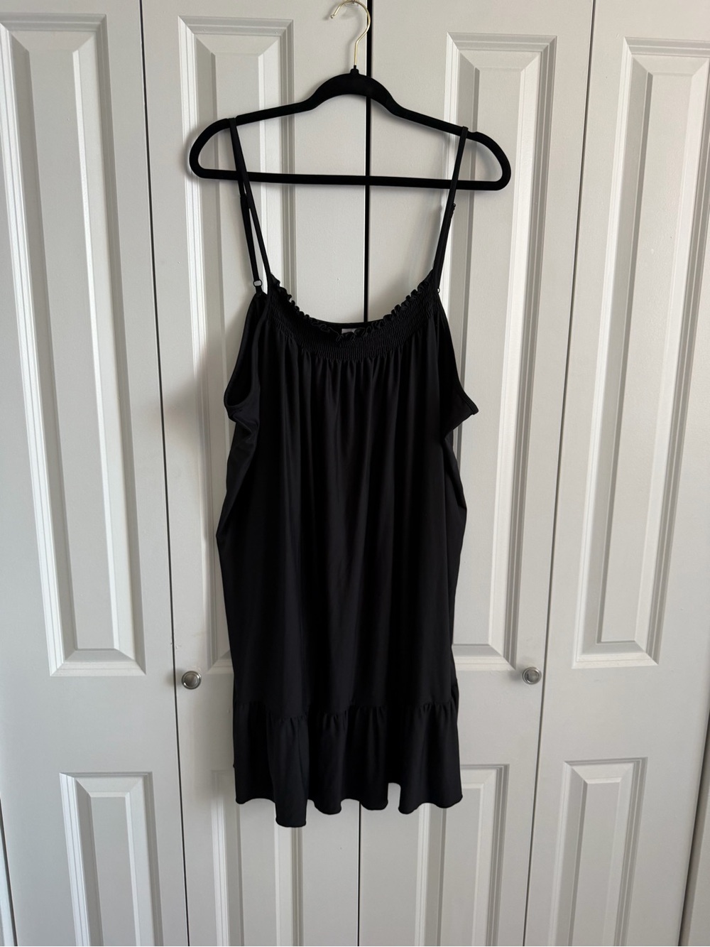 Smocked-Neck Black Chemise with Ruffle Hem